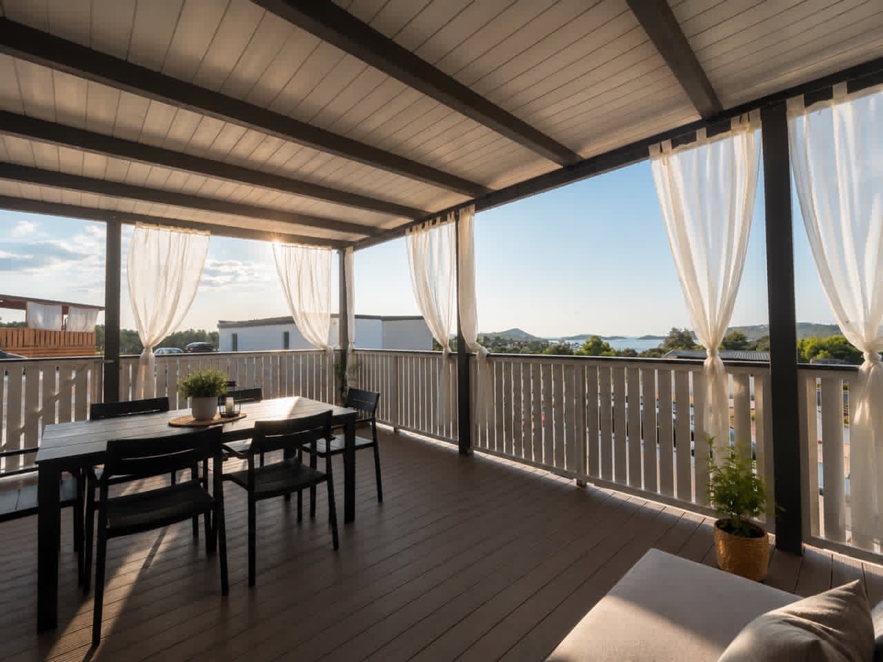 Covered Maja terrace with dining table and sea view